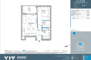 Rzut - Mieszkanie na sprzedaż 2 pokoje o powierzchni 38,53 m² - numer C.2.02 w Nordic Bemowo - etap IV