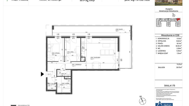 Rzut - Mieszkanie na sprzedaż 3 pokoje o powierzchni 71,57 m² - numer E30 w Osiedle przy Parku