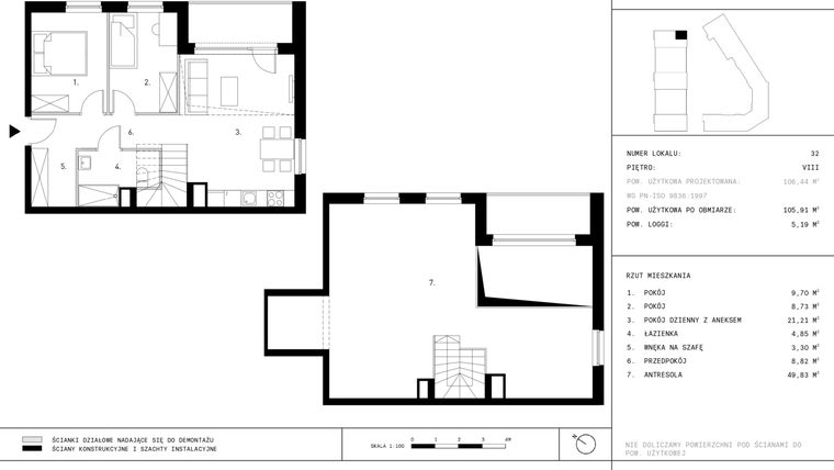 Rzut - Mieszkanie na sprzedaż 3 pokoje o powierzchni 105,91 m² - numer A2.P8 w Nocznickiego 29 bud. A