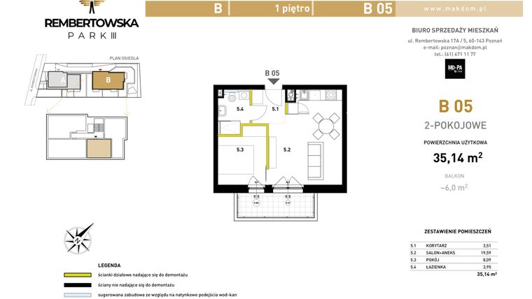 Rzut - Mieszkanie na sprzedaż 2 pokoje o powierzchni 35,14 m² - numer B 05 w Rembertowska Park III