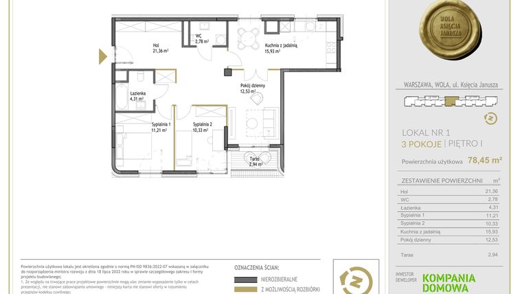 Rzut - Mieszkanie na sprzedaż 3 pokoje o powierzchni 78,45 m² - numer WKJ-LM-01 w Wola Księcia Janusza