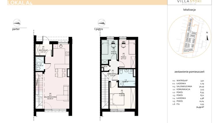 Rzut - Dom na sprzedaż 4 pokoje o powierzchni 71,55 m² - numer A4 w Villa Stoki (domy)