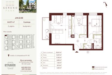 Rzut - Mieszkanie na sprzedaż 3 pokoje o powierzchni 64,57 m² - numer J.M.2.03 w Sereno Park