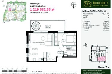 Rzut - Mieszkanie na sprzedaż 2 pokoje o powierzchni 49,41 m² - numer A3.M16 w Apartamenty przy Parku Szczytnickim