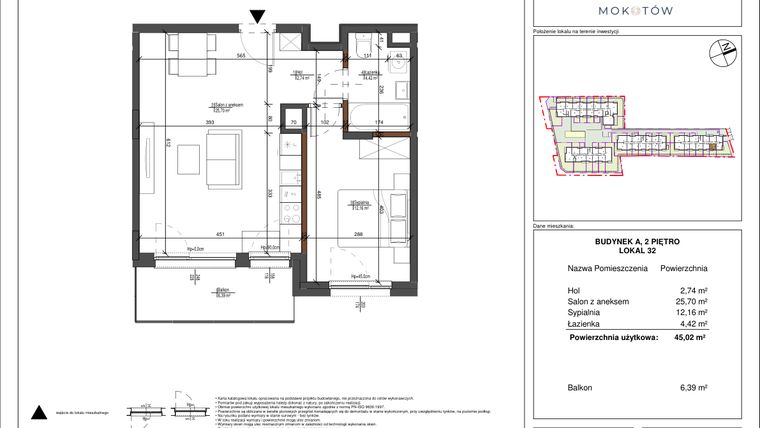 Rzut - Mieszkanie na sprzedaż 2 pokoje o powierzchni 45,02 m² - numer 32 w Aura Mokotów II
