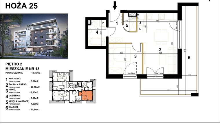 Rzut - Mieszkanie na sprzedaż 2 pokoje o powierzchni 40,35 m² - numer 13 w Hoża 25