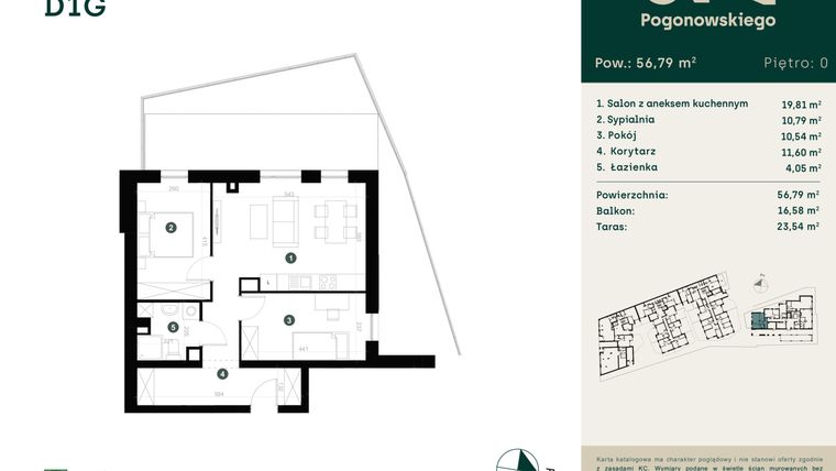 Rzut - Mieszkanie na sprzedaż 3 pokoje o powierzchni 56,86 m² - numer D-1G w Pogonowskiego 73