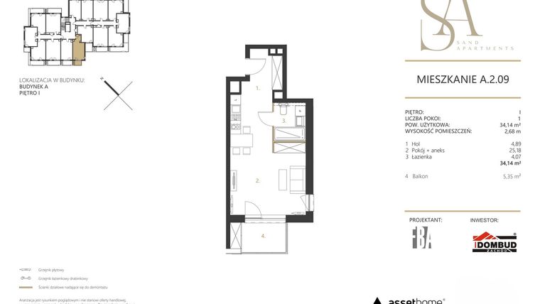 Rzut - Mieszkanie na sprzedaż 1 pokój o powierzchni 34,31 m² - numer A.2.09 w Sand Apartments