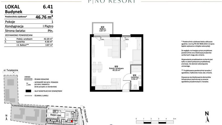 Rzut - Mieszkanie na sprzedaż 2 pokoje o powierzchni 46,76 m² - numer 6.41 w Pino Resort