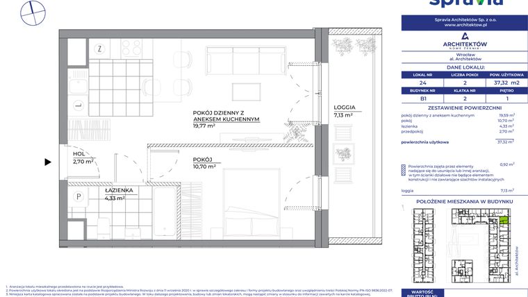 Rzut - Mieszkanie na sprzedaż 2 pokoje o powierzchni 37,32 m² - numer B1_24 w Architektów