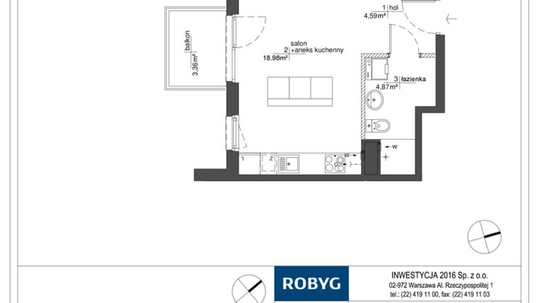 Rzut - Mieszkanie na sprzedaż 1 pokój o powierzchni 28,44 m² - numer RM/2A/D/1/2 w Rytm Mokotowa - etap 2A