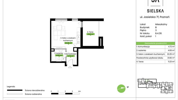 Rzut - Mieszkanie na sprzedaż 1 pokój o powierzchni 31,66 m² - numer B.4.36 w JA_SIELSKA V