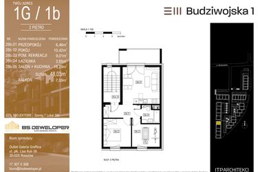 Rzut - Mieszkanie na sprzedaż 3 pokoje o powierzchni 48,03 m² - numer 1G/1b w Budziwojska 3