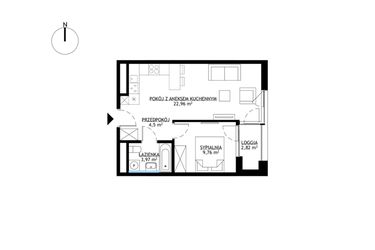 Rzut - Mieszkanie na sprzedaż 2 pokoje o powierzchni 41,19 m² - numer M58 w KrakoVska etap 2