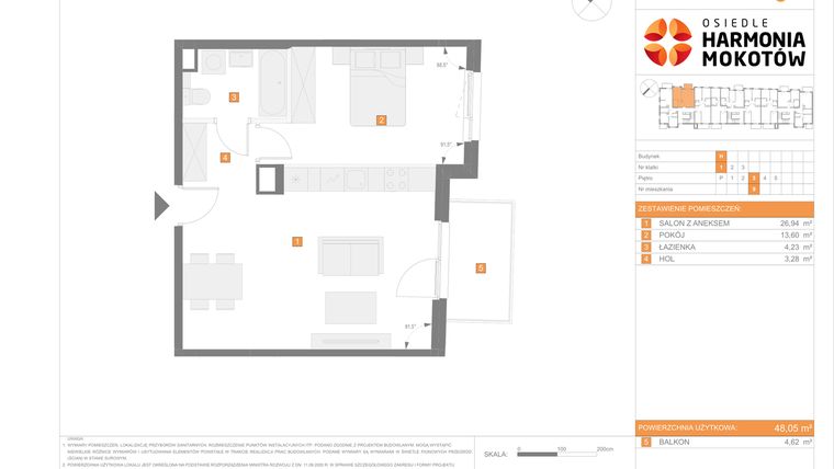 Rzut - Mieszkanie na sprzedaż 2 pokoje o powierzchni 48,08 m² - numer H.9 w Osiedle Harmonia Mokotów etap 3