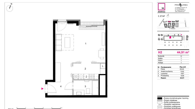 Rzut - Mieszkanie na sprzedaż 1 pokój o powierzchni 44,91 m² - numer H2 w 19. Dzielnica Etap V