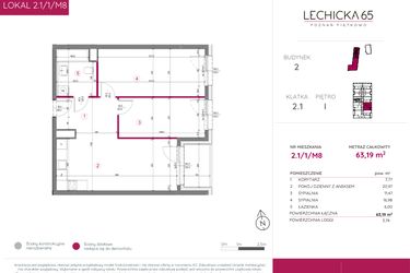 Rzut - Mieszkanie na sprzedaż 3 pokoje o powierzchni 63,19 m² - numer 2.1/1/M8 w Lechicka 65