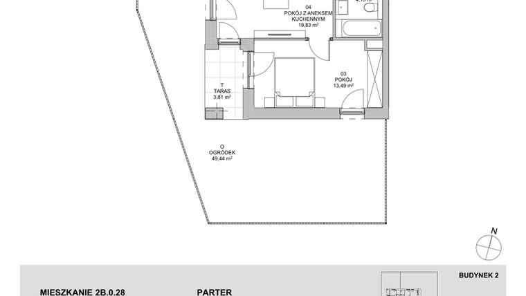 Rzut - Mieszkanie na sprzedaż 2 pokoje o powierzchni 41,36 m² - numer 2B.0.28 w Francuska Park VIIIA