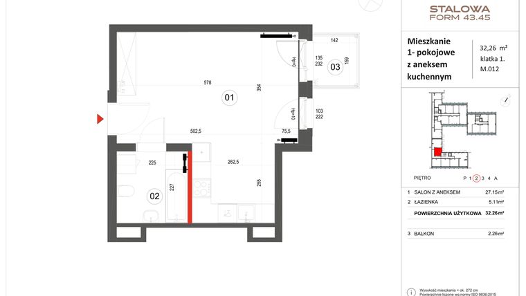 Rzut - Mieszkanie na sprzedaż 1 pokój o powierzchni 32,26 m² - numer 12 w Stalowa Form 43.45