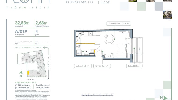 Rzut - Mieszkanie na sprzedaż 1 pokój o powierzchni 32,83 m² - numer A.19 w Flora Śródmieście