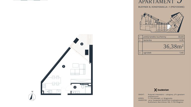 Rzut - Mieszkanie na sprzedaż 1 pokój o powierzchni 36,38 m² - numer A9 w Pratum Apartamenty Etap I
