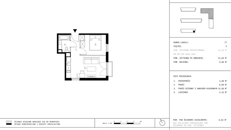 Rzut - Mieszkanie na sprzedaż 2 pokoje o powierzchni 31,84 m² - numer C8.5 w Wynalazek 3A