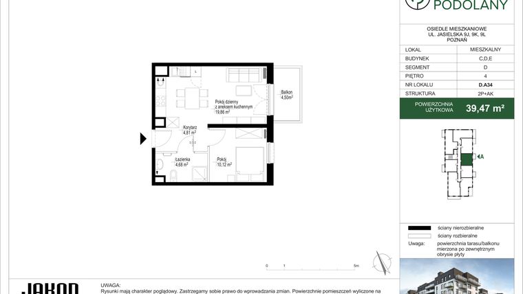 Rzut - Mieszkanie na sprzedaż 2 pokoje o powierzchni 39,46 m² - numer D.A34 w Sielskie Podolany II