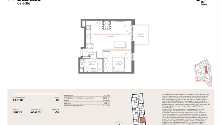 Rzut - Mieszkanie na sprzedaż 2 pokoje o powierzchni 42,41 m² - numer A3-01.07 w Sarnie Osiedle