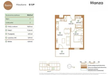 Rzut - Mieszkanie na sprzedaż 2 pokoje o powierzchni 39,45 m² - numer D7-P w Fauna