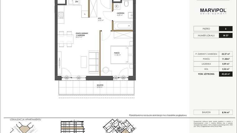 Rzut - Mieszkanie na sprzedaż 2 pokoje o powierzchni 43,68 m² - numer M37 w SENGERA 1