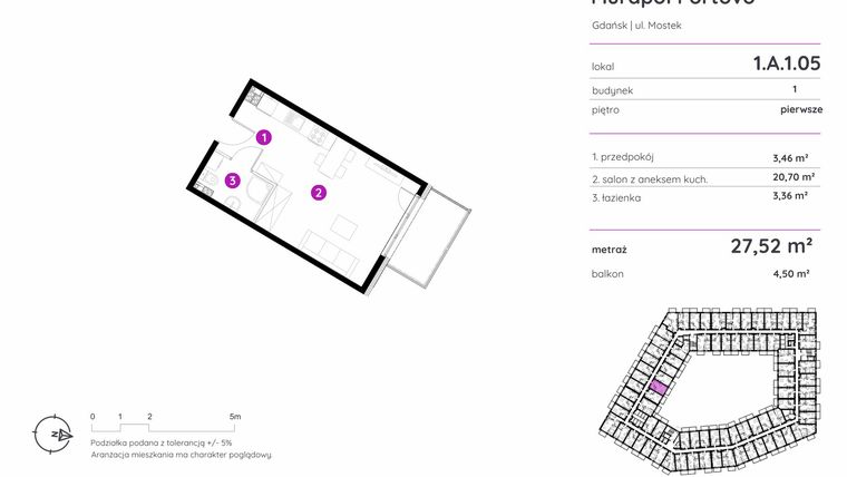 Rzut - Mieszkanie na sprzedaż 1 pokój o powierzchni 27,52 m² - numer 1.A.1.05 w Murapol Portovo etap II