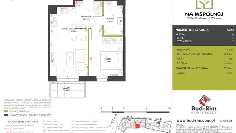 Rzut - Mieszkanie na sprzedaż 2 pokoje o powierzchni 39,36 m² - numer 45 w Na Wspólnej