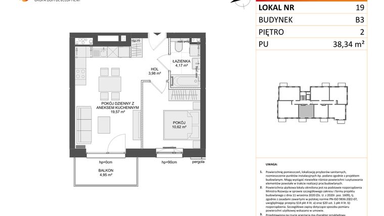Rzut - Mieszkanie na sprzedaż 2 pokoje o powierzchni 38,34 m² - numer B3.19 w Osiedle Przy Błoniach 3 etap III