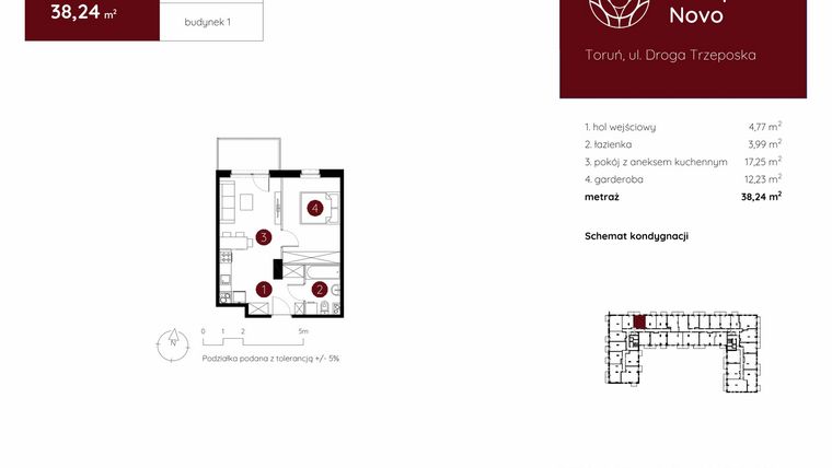Rzut - Mieszkanie na sprzedaż 1 pokój o powierzchni 38,24 m² - numer 1.B.1.09 w Murapol Novo