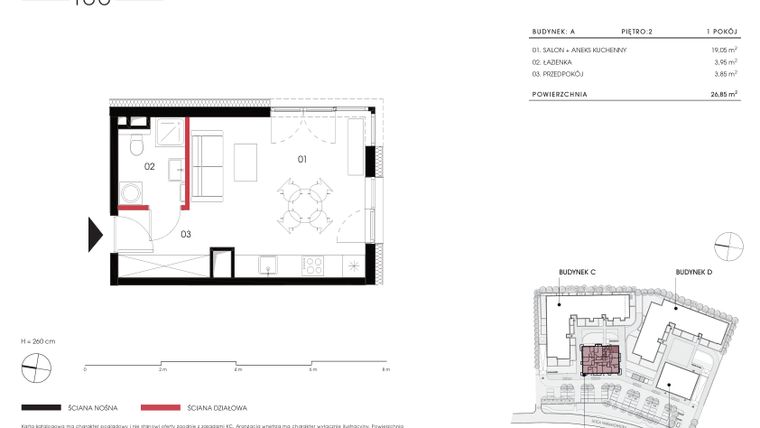 Rzut - Mieszkanie na sprzedaż 1 pokój o powierzchni 26,85 m² - numer A 2.06 w Naramowicka 100