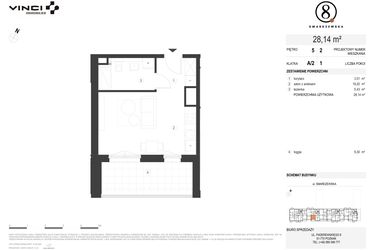 Rzut - Mieszkanie na sprzedaż 1 pokój o powierzchni 27,89 m² - numer A/2/5.2 w Smardzewska 8