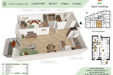 Rzut - Mieszkanie na sprzedaż 2 pokoje o powierzchni 56,01 m² - numer B1.M37 w Tutaj Bunscha