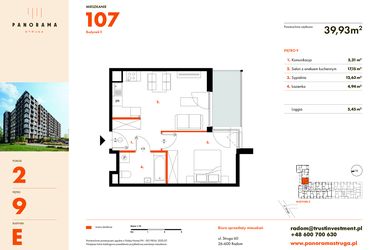 Rzut - Mieszkanie na sprzedaż 2 pokoje o powierzchni 39,93 m² - numer E107 w Panorama Struga
