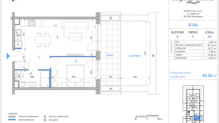 Rzut - Mieszkanie na sprzedaż 2 pokoje o powierzchni 41,88 m² - numer B106 w Rezydencja Niechorze II