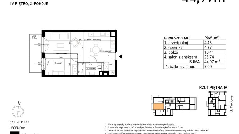 Rzut - Mieszkanie na sprzedaż 2 pokoje o powierzchni 44,97 m² - numer M55 w Finezja