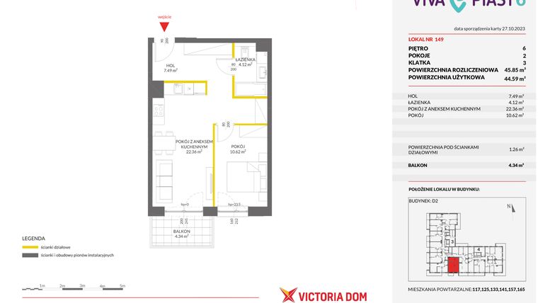 Rzut - Mieszkanie na sprzedaż 2 pokoje o powierzchni 45,85 m² - numer 149 w Viva Piast 6