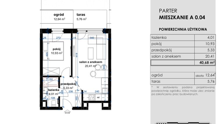 Rzut - Mieszkanie na sprzedaż 2 pokoje o powierzchni 40,68 m² - numer A 0.04 w Osiedle Kwiatowe
