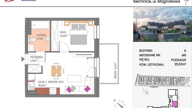 Rzut - Mieszkanie na sprzedaż 2 pokoje o powierzchni 35,53 m² - numer Bud.6-11 w Willa Magnolia