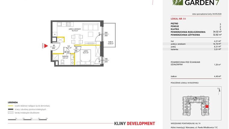 Rzut - Mieszkanie na sprzedaż 2 pokoje o powierzchni 32,82 m² - numer 84 w Nova Viva Garden 7