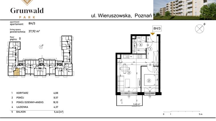 Rzut - Mieszkanie na sprzedaż 2 pokoje o powierzchni 37,92 m² - numer 8 H/3 w Grunwald Park
