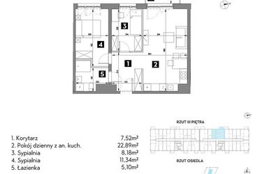 Rzut - Mieszkanie na sprzedaż 3 pokoje o powierzchni 55,06 m² - numer A2/3/6 w Metr Kwadrat