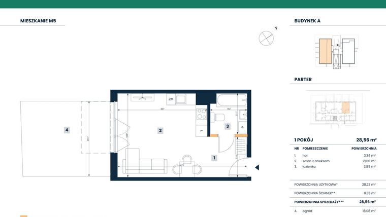Rzut - Mieszkanie na sprzedaż 1 pokój o powierzchni 28,56 m² - numer M05 w Reneta