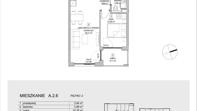 Rzut - Mieszkanie na sprzedaż 2 pokoje o powierzchni 43,22 m² - numer A.2.6 w ATAL Symbioza IA