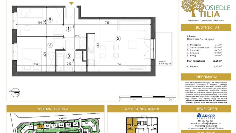 Rzut - Mieszkanie na sprzedaż 3 pokoje o powierzchni 57,28 m² - numer A1/2/9 w Osiedle Tilia
