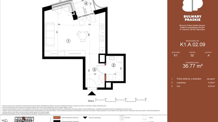 Rzut - Mieszkanie na sprzedaż 1 pokój o powierzchni 36,78 m² - numer K1.A.02.09 w Bulwary Praskie etap K i L